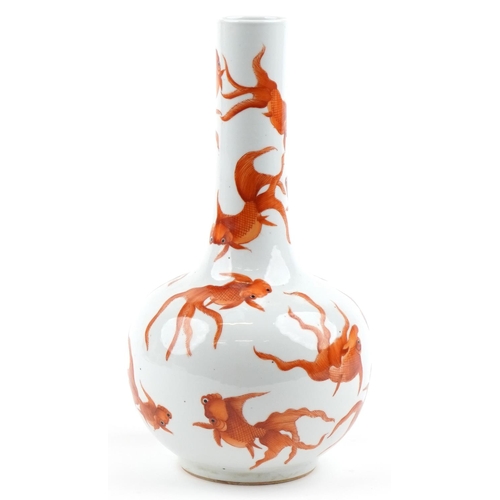 32 - A Chinese porcelain bottle neck vase hand painted with Koi fish, 36cm high