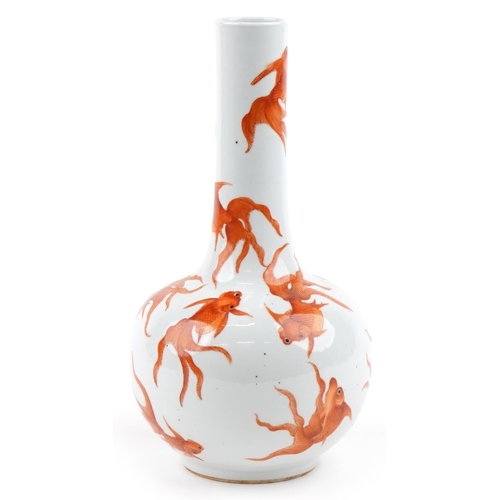 32 - A Chinese porcelain bottle neck vase hand painted with Koi fish, 36cm high