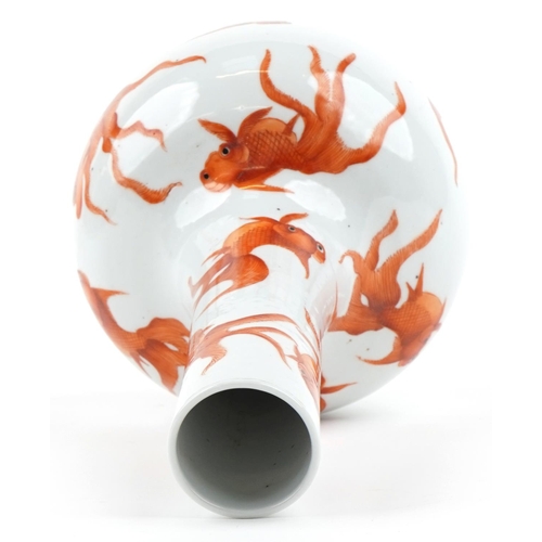 32 - A Chinese porcelain bottle neck vase hand painted with Koi fish, 36cm high