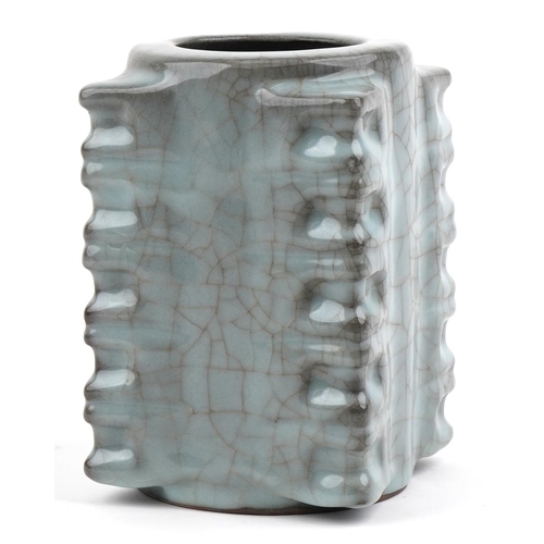 249 - A Chinese porcelain cong vase having a celadon crackle glaze, 20cm high.