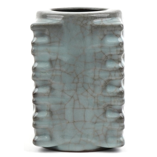 249 - A Chinese porcelain cong vase having a celadon crackle glaze, 20cm high.