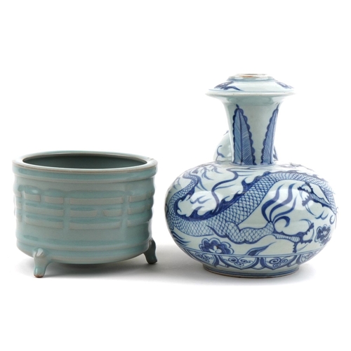 370 - A Chinese porcelain blue and white vessel hand painted with a dragon amongst clouds together with a ... 