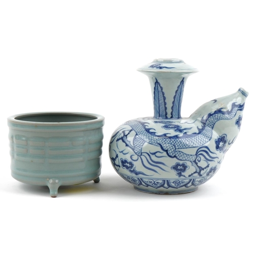 370 - A Chinese porcelain blue and white vessel hand painted with a dragon amongst clouds together with a ... 