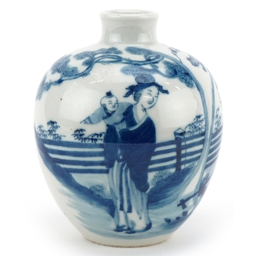 310 - A Chinese porcelain blue and white bulbous vase hand painted with a mother with child and farmer, tw... 