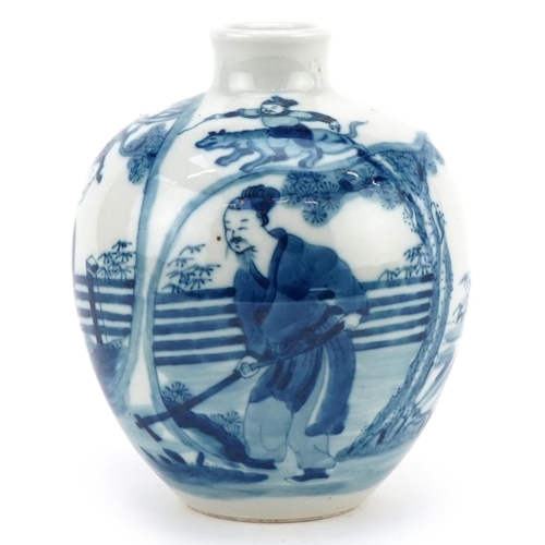 310 - A Chinese porcelain blue and white bulbous vase hand painted with a mother with child and farmer, tw... 