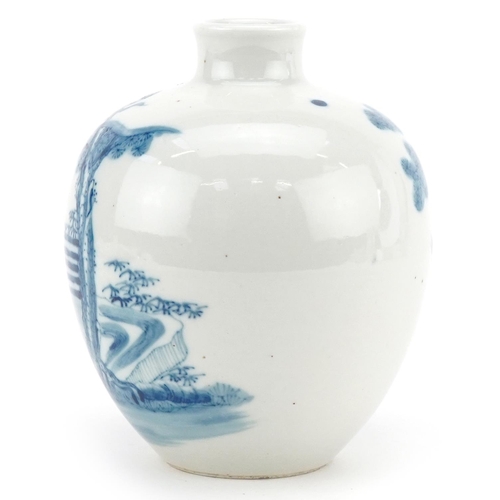 310 - A Chinese porcelain blue and white bulbous vase hand painted with a mother with child and farmer, tw... 