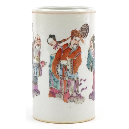 189 - A Chinese porcelain cylindrical brush washer hand painted with emperors, character marks to the base... 