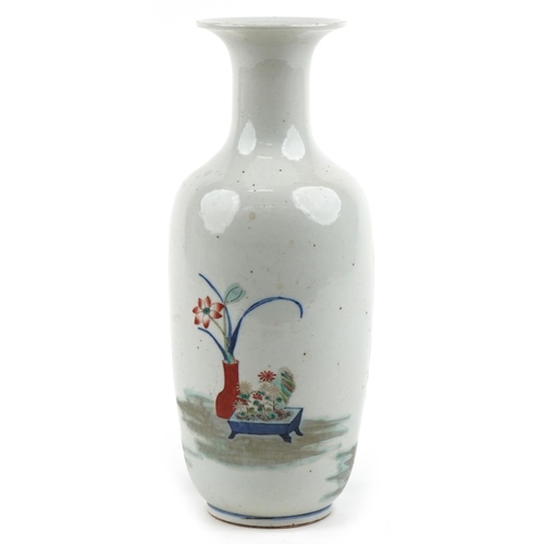 111 - A Chinese porcelain vase hand painted with warriors and objects, two ring mark and paper label to th... 