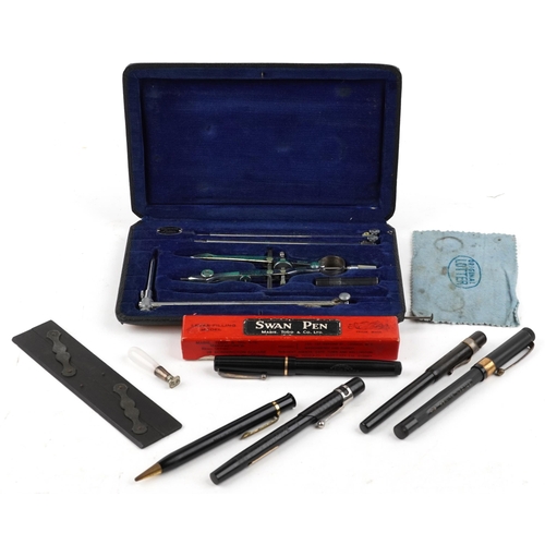 1590 - Antique and later pens and drawing instruments including a Swan fountain pen with 14k gold nib, Gold... 