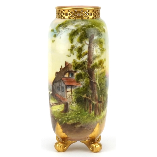 212 - P Reese for Royal Worcester, a porcelain vase hand painted with a view of Welford on Avon, 22cm high... 