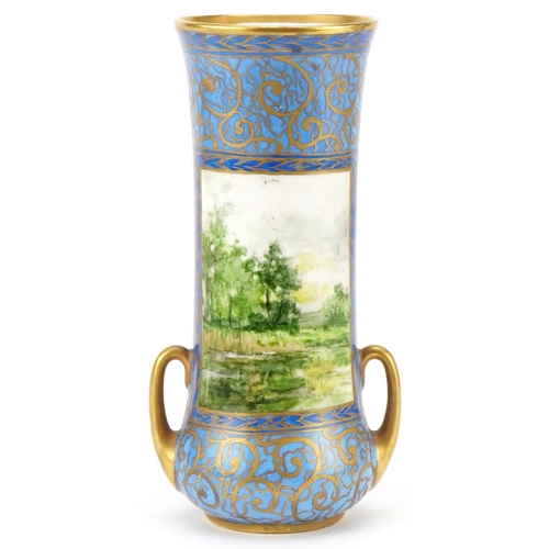 57 - A M Donaldson for Royal Doulton, a twin handled vase hand painted and gilded with a fisherman on a l... 