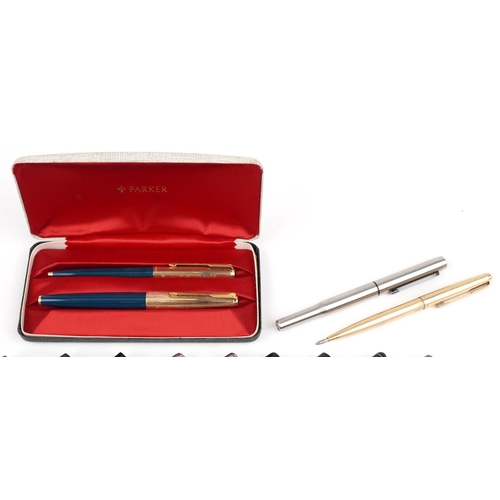 308 - Vintage and later fountain pens and ballpoint pens, some with gold nibs, including Parker, Conway St... 