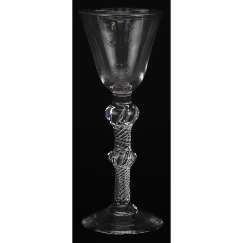 257 - 18th century double knop wine glass with air twist stem, 14.5cm high