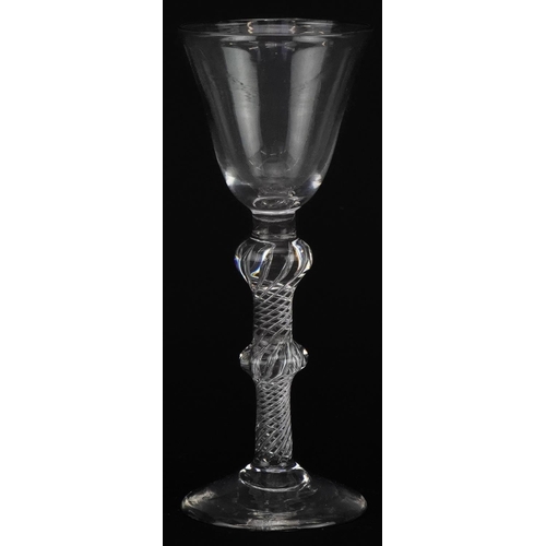 257 - 18th century double knop wine glass with air twist stem, 14.5cm high