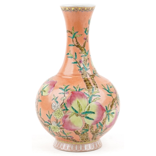 2618 - A Chinese porcelain nine peach bottle vase, 20th century, with hand painted decoration, bearing six ... 