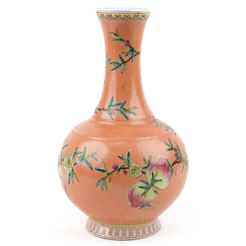 2618 - A Chinese porcelain nine peach bottle vase, 20th century, with hand painted decoration, bearing six ... 