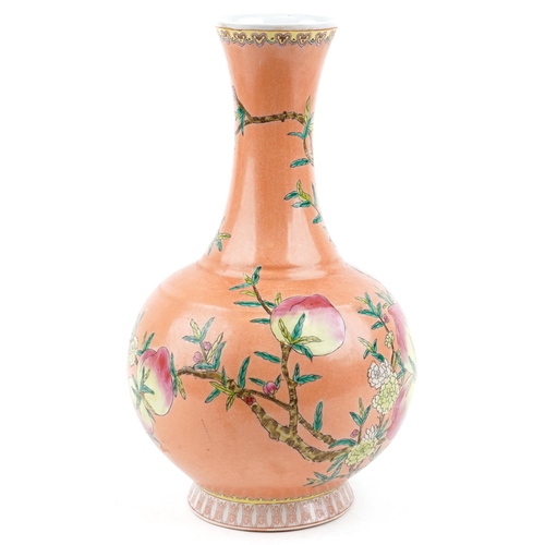 2618 - A Chinese porcelain nine peach bottle vase, 20th century, with hand painted decoration, bearing six ... 