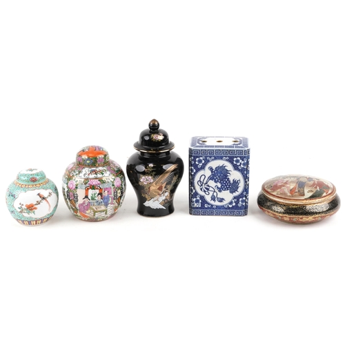 1647 - A mixed group of Chinese porcelain items, 20th century, including a Satsuma earthenware dressing tab... 