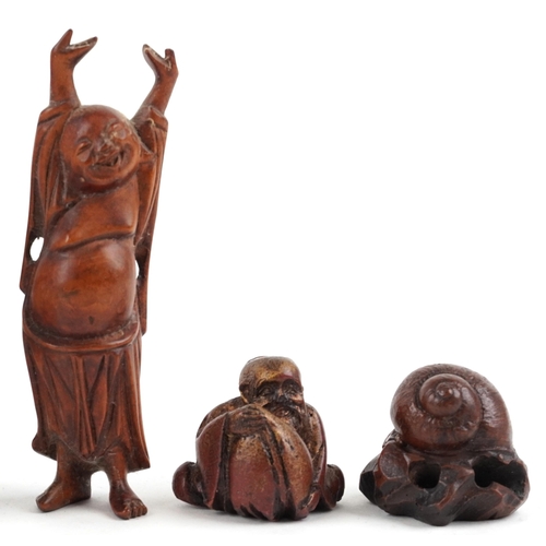 1607 - A small group of mixed Chinese items including a carved wood netsuke in the form of a snail, a simil... 