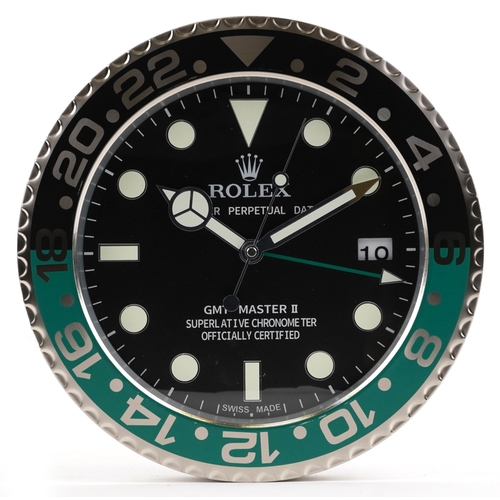 2525 - A Rolex GMT-Master 2 design dealer's display wall clock, 34cm in diameter.