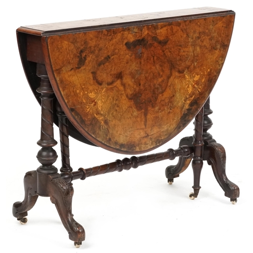 2127 - A mid Victorian burr walnut and boxwood inlaid oval drop flap Sutherland table raised on turned supp... 