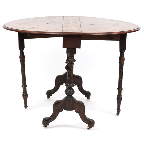 2127 - A mid Victorian burr walnut and boxwood inlaid oval drop flap Sutherland table raised on turned supp... 