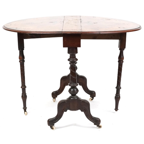 2127 - A mid Victorian burr walnut and boxwood inlaid oval drop flap Sutherland table raised on turned supp... 