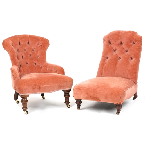 2108 - A Victorian button back nursing chair upholstered pink velour together with a nursing similar chair.... 