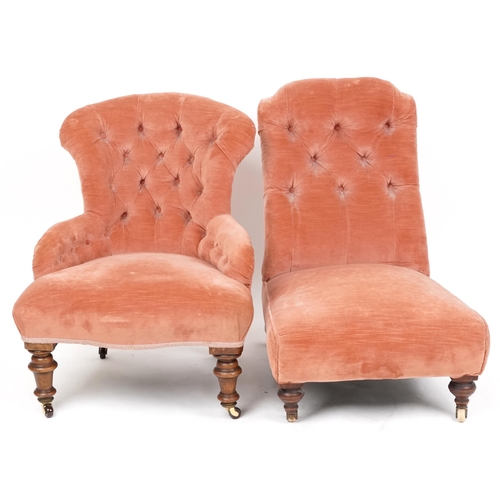 2108 - A Victorian button back nursing chair upholstered pink velour together with a nursing similar chair.... 