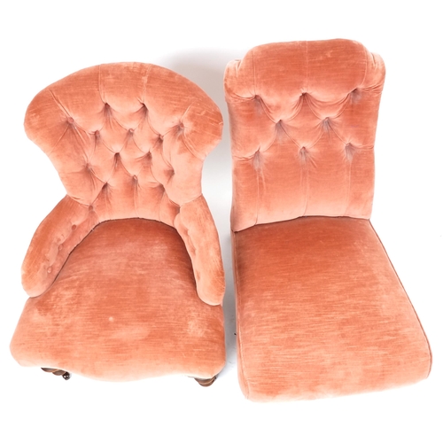 2108 - A Victorian button back nursing chair upholstered pink velour together with a nursing similar chair.... 