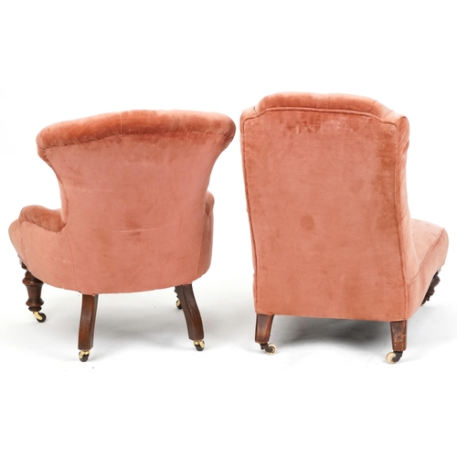 2108 - A Victorian button back nursing chair upholstered pink velour together with a nursing similar chair.... 