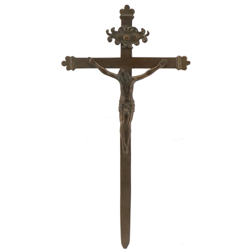 1650 - An 18th century Spanish brass crucifix circa 1762, bearing engraved script verso, 34cm x 18cm.