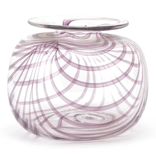 1633 - A mid 20th century art glass vase, possibly Italian, the overturned lip on a squat body with purple ... 