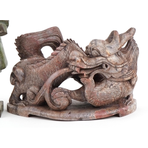 2552 - Two Chinese patinated bronze Terracotta Army figures and a carved stone study of a dragon, the large... 