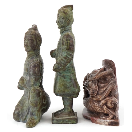 2552 - Two Chinese patinated bronze Terracotta Army figures and a carved stone study of a dragon, the large... 