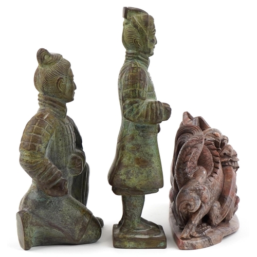 2552 - Two Chinese patinated bronze Terracotta Army figures and a carved stone study of a dragon, the large... 