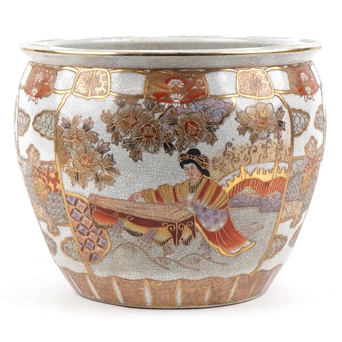 537 - A large 20th century Japanese Satsuma fish bowl hand painted with a female playing a musical instrum... 