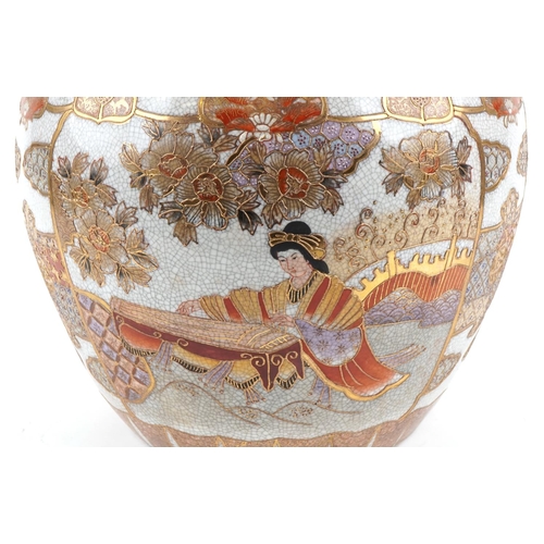 537 - A large 20th century Japanese Satsuma fish bowl hand painted with a female playing a musical instrum... 