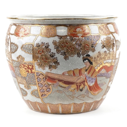 537 - A large 20th century Japanese Satsuma fish bowl hand painted with a female playing a musical instrum... 