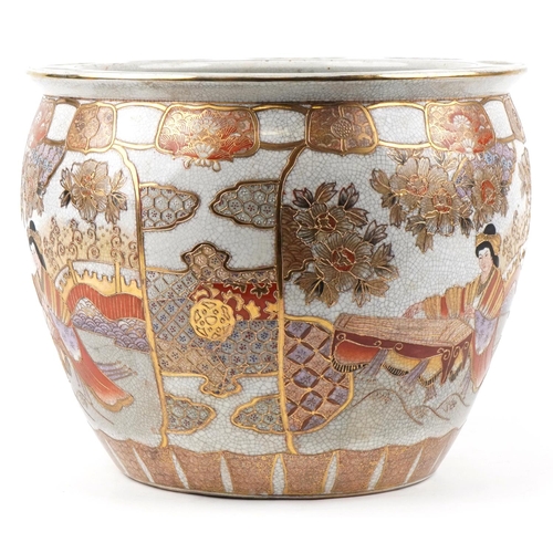 537 - A large 20th century Japanese Satsuma fish bowl hand painted with a female playing a musical instrum... 