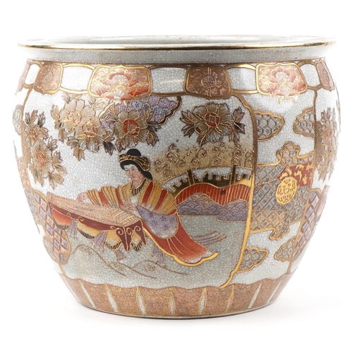 537 - A large 20th century Japanese Satsuma fish bowl hand painted with a female playing a musical instrum... 