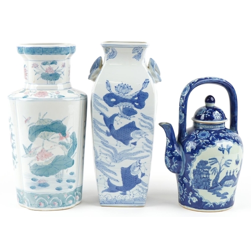 1585 - Two 20th century Chinese porcelain vases and a blue and white teapot decorated in the Willow Pattern... 