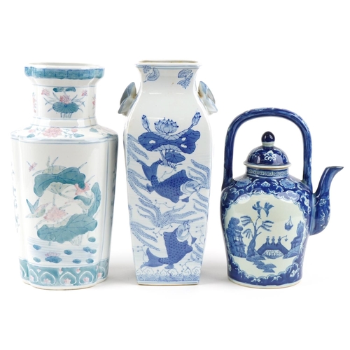 1585 - Two 20th century Chinese porcelain vases and a blue and white teapot decorated in the Willow Pattern... 