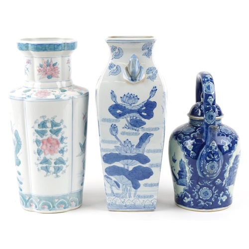 1585 - Two 20th century Chinese porcelain vases and a blue and white teapot decorated in the Willow Pattern... 