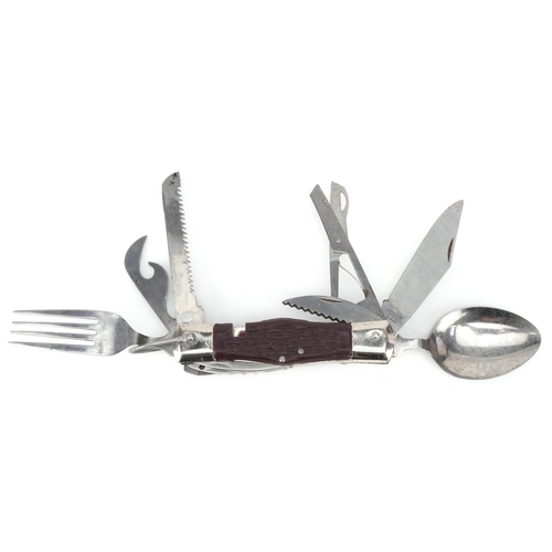 1621 - A Japanese stainless steel folding multi tool and utensils with leather case.