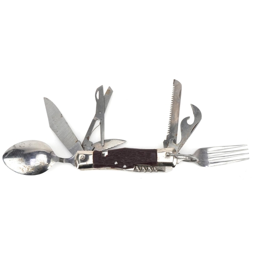 1621 - A Japanese stainless steel folding multi tool and utensils with leather case.