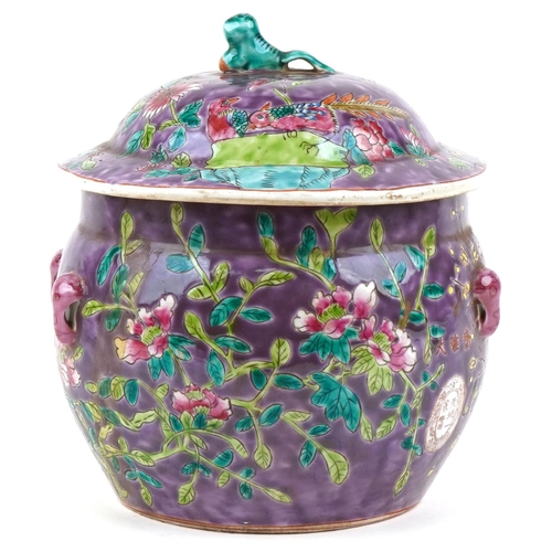 149 - A 20th century Chinese porcelain jar and cover hand painted with foliage onto a purple ground, four ... 