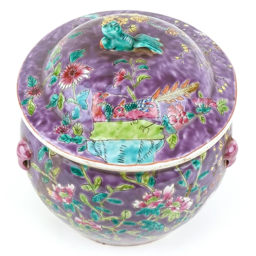 149 - A 20th century Chinese porcelain jar and cover hand painted with foliage onto a purple ground, four ... 