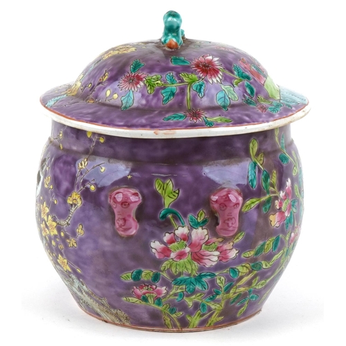 149 - A 20th century Chinese porcelain jar and cover hand painted with foliage onto a purple ground, four ... 