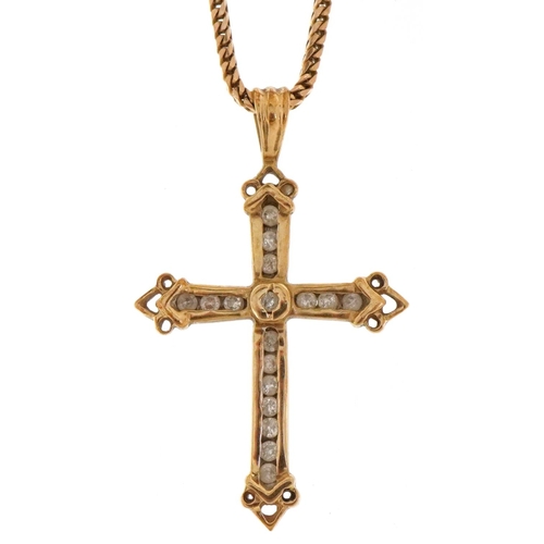 3056 - A 9ct gold Renaissance Revival diamond cross pendant on a 9ct gold herringbone necklace, 3cm high an... 